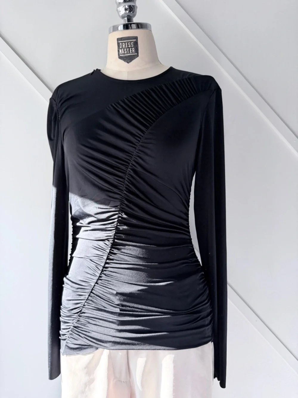 Tibi Ruched Jersey Crewneck Long Sleeve Top Black|Size 2 Minimal Draped Designer - Picture 3 of 14